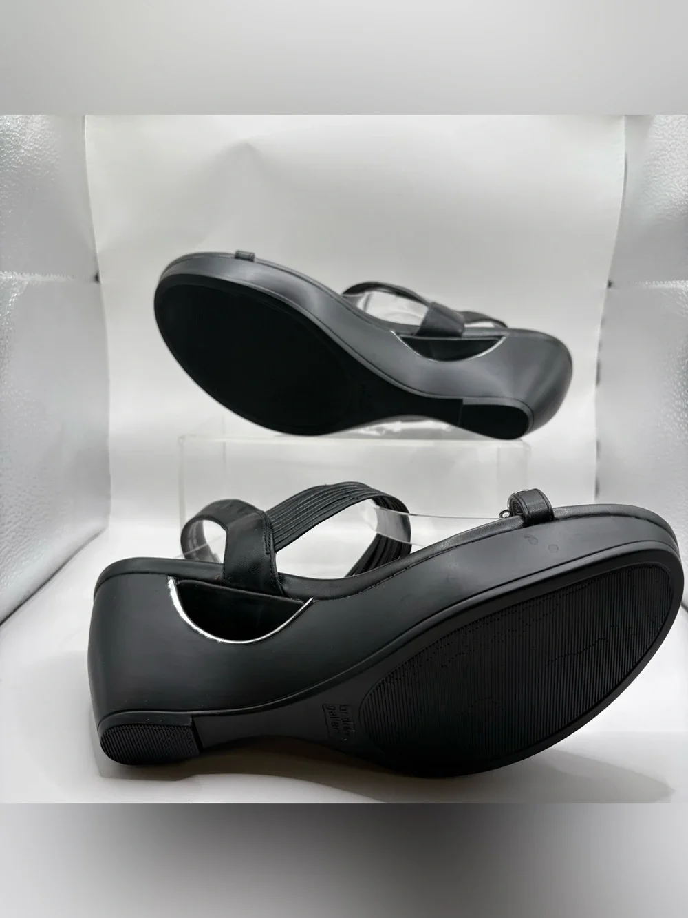 Andrew Geller Black Wedge Sandals with Crystal Accent